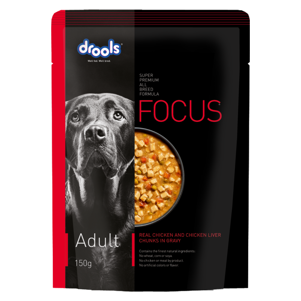 Drools Focus Real Chicken & Chicken Liver Chunks in Gravy Adult Dog Wet Food (150g)