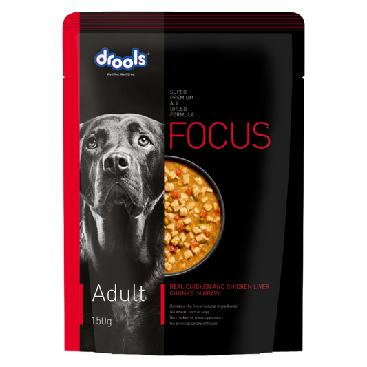 Drools Focus Real Chicken & Chicken Liver Chunks in Gravy Adult Dog Wet Food (150g)