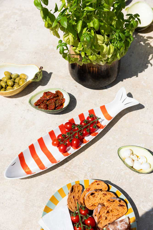Red & White Fish-Shaped Ceramic Serving Dish